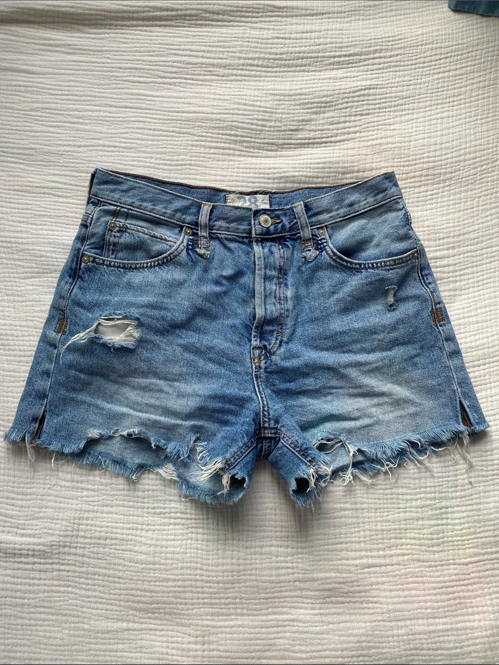 We The Free Blue Distressed Denim Cutoff Shorts